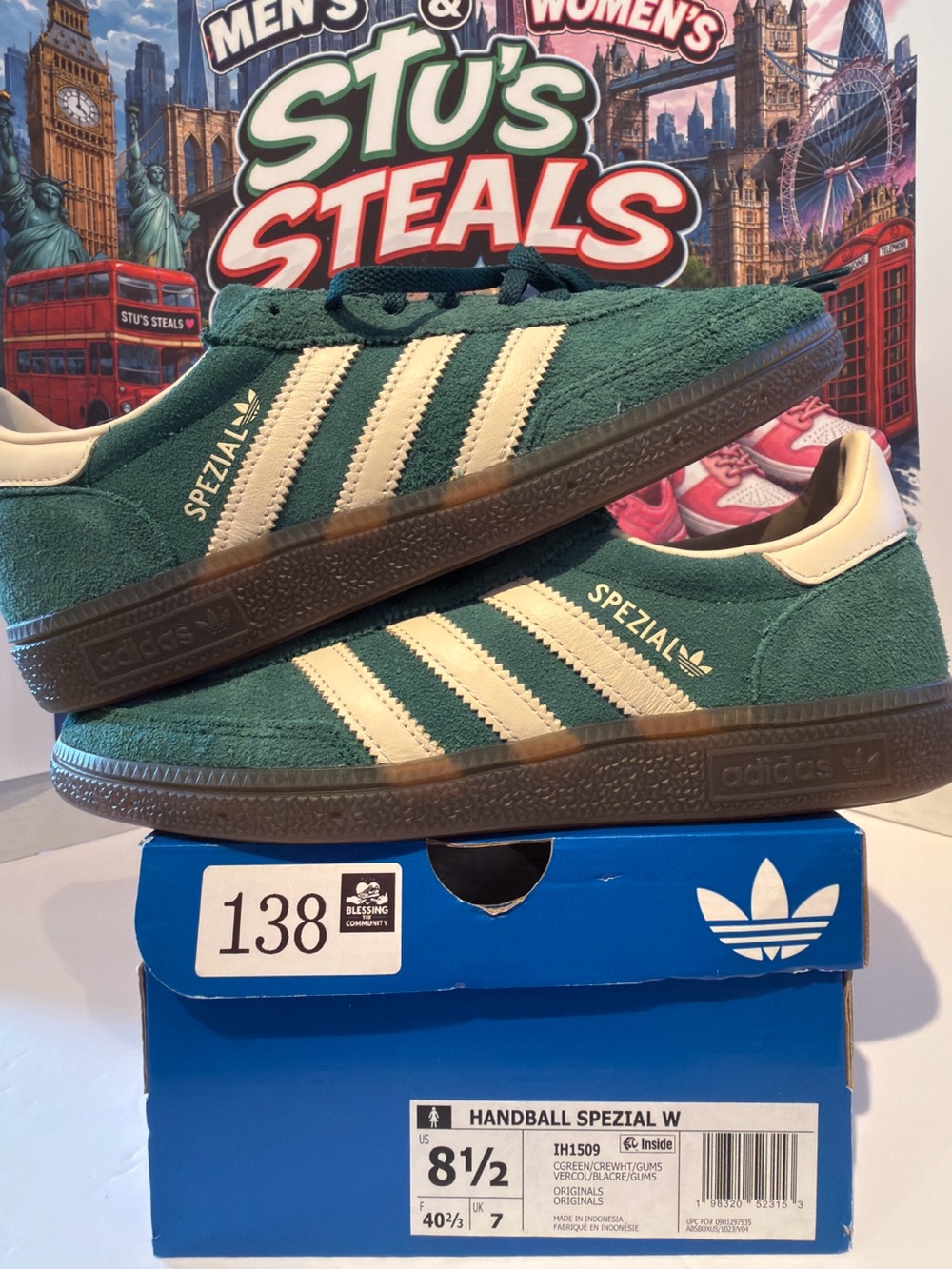 adidas women’s  Green Suede Handball Spezial Sneakers with Cream Stripes